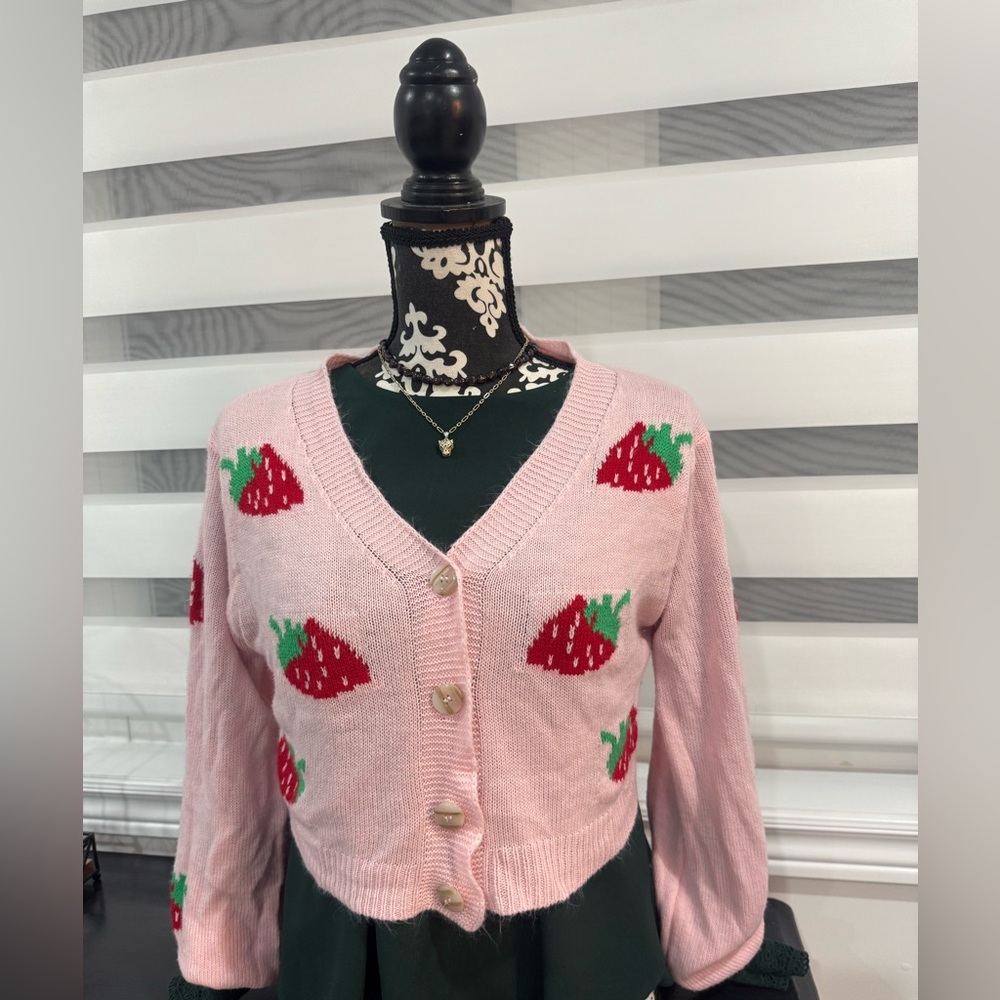 Womens strawberry print cotton knit cardigan